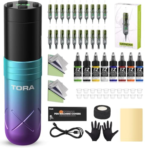 EZ Tattoo Maschinen Set - Tattoo Set mit Kabelloser Tattoo Maschine, 1600mAh Stromversorgung Akku, 20 Stück Tattoo Nadeln für Tattoo Anfänger und Künstler (Tora Blau Violett)