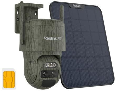 Reolink 4K Camara Vigilancia Sim con Doble Lente, Camara Solar 4G con Auto-Seguimiento, Zoom Híbrido 6X, Cámara Fototrampeo IP65, IR Sin Brillo, TrackMix LTE Trail + Panel Solar