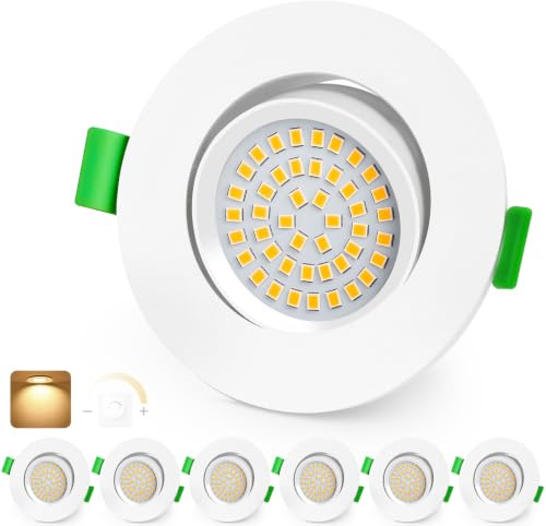 KYOTECH LED Einbaustrahler 230V Dimmbar 68-80mm IP44 Schwenkbar 6er Set | Weiß Ultra Flach LED Spots, 5W Bad Einbauleuchten Deckenspots, Warmweiß 2700K Einbauspots für Badezimmer Wohnzimmer