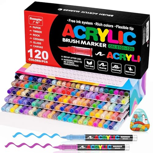 Vakki 120 Acrylstifte für steine wasserfest, Pinselspitze Acrylmarker, Acrylic marker Acrylmarker Set Perfekt für Steine Bemalen, Glas, Holz, Keramik, Metall & Leinwand