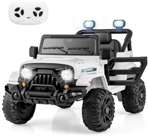 Maxmass 12V Kids Electric Ride on Car, Battery Powered Electric Vehicle with Remote Control, Lights, Music, Horn, Wireless Connection, Children Toy Car Off Road Truck for 3+ Years Old (White)