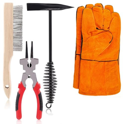 Epdpekc Juego de 5 Herramientas para Eliminar Escoria de Soldadura: Martillo de Soldadura con de Resorte Helicoidal, Cepillo de Alambre y Alicates de Soldadura, Guantes