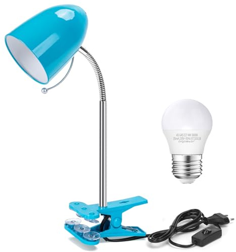 Aigostar Flexo LED Escritorio con Pinza Retro con Cable, Luz Lectura de Metal con E27 Bombilla LED, 4000K Luz Natural, Cuello de Luz Flexible, con Cable de 153cm, Azul