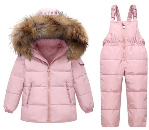 JiAmy Tuta da neve per bambini, 2 pezzi, invernale, con cappuccio, piumino e pantaloni da neve, tuta da sci per ragazzo, ultraleggero, Rosa, 130/6-7 Years