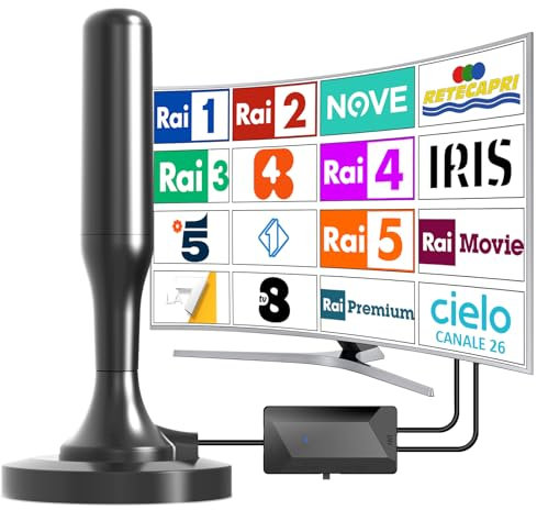 Antenna TV, Antenna TV Interna, HDTV Digitale 360KM Amplificata con Amplificatore di Segnale Support 4K HD/VHF/UHF per Home Smart Televisione (Nero (con amplificatore))