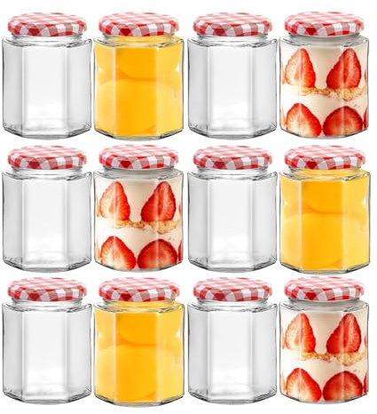 MEETOZ Glass Jam Jars-12 Pack Airtight 280ml,Glass Preserve Pots with Screw Top Red Gingham Lids,Hexagonal Storage Glass Jars for Kitchen Spices Honey or Sweets Kimchi Jar
