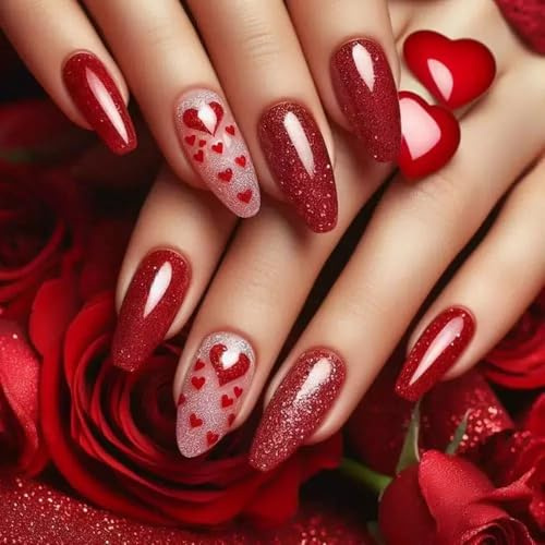 Ztcily 24 Pcs Faux Ongles Saint-Valentin Amande Rouge Pailletés, Faux Ongles Artificiels Rouges Pointus Scintillants, Kit Ongles Amande Rouge à Motifs Amour pour Mariage Saint-Valentin
