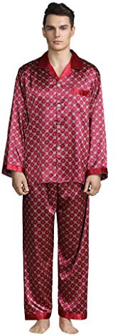 Pyjamas herr långt siden, herr pyjamas set satin långa nattkläder långärmad loungewear bekväm lyxig hemmadräkt stora storlekar pyjamasbyxor och sovskjorta 2-delad höst vinter pyjamas, röd, XL
