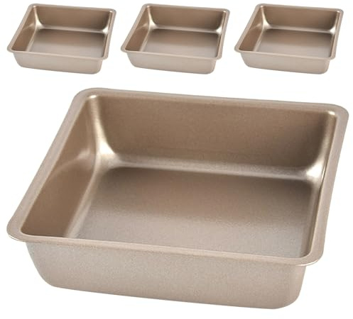 LALADEFIEE Moule à Gâteau Carré Antiadhésif en Acier au Carbone 11 CM Doré – Lot de 4 Mini Moules pour Brownies Cheesecakes et Tartelettes – Compatible Mini-Fours et Friteuses à Air Chaud