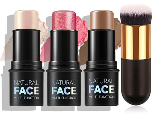 3 Pack Contour Highlighter Blush Sticks - Bronzer Stick with Brush, Highlighter Makeup Cream Blush Stick - Long Lasting & Waterproof Contour Kit Face Makeup for All Skin, Set A