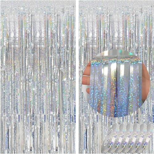 waziwe Lametta Vorhang Silber 2.5x1m (2 Stück), 6 Rollen Luftschlangen, Glitzervorhang Lametta Perfekt für Silvester, Karneval, Fasching, Hochzeit Deko und alle Arten von festlichen Dekorationen | Perfekt für Hochzeit Deko, Geburtstags Deko, Silvester Deko, Geschenkband ,Ballonband und Verschiedene Feierliche Anlässe