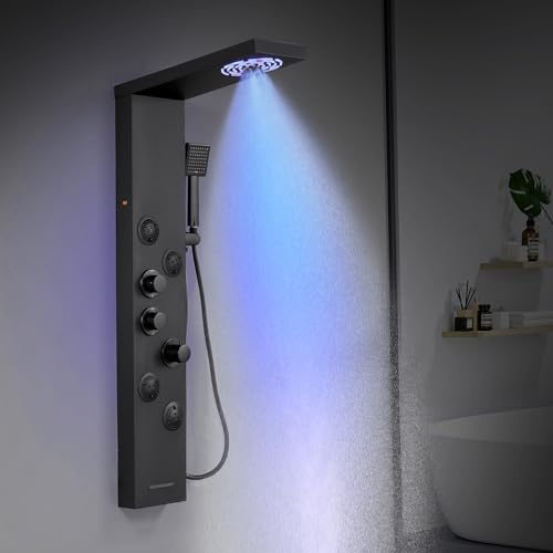 KINKIBOS Système de panneau de tour de douche thermostatique - Colonne de douche à 6 modes avec LED Pluie＆Brume, 4 jets de massage pour le corps, pommeau de douche et bec de baignoire, acier