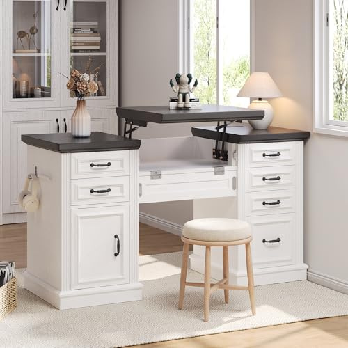 Jocoevol 57 Lift Executive Desk with Drawers, Farmhouse Home Office Desk with File Cabinet Storage, Computer Desk with Charging Station & Headphone Hook for Work/Study/Writing (White & Black, Lift)
