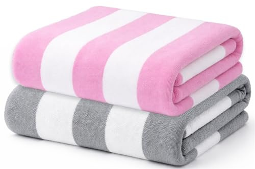 Adore Home 2 Pack Cabana Stripe Microfibre Beach Towels Quick Dry Sand Resistant Pool Towels Lightweight Holiday Travel Towels 70x140cm Grey and Pink