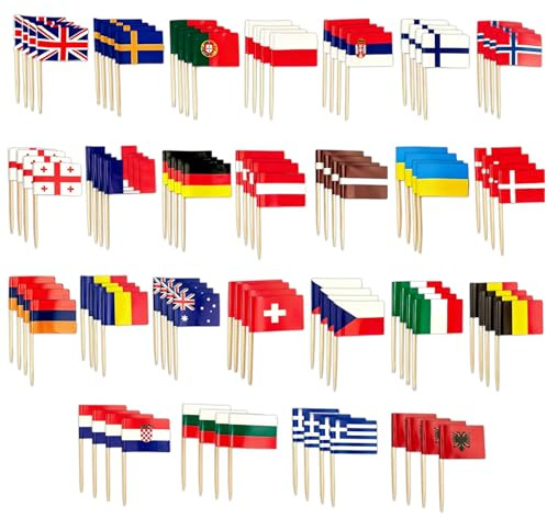 100 Stück Eurovision 2026 WM Fußball Europäische Zahnstocher Flaggen, Fähnchen Spieße, Internationale Zahnstocher Cocktail Flagge, für EM Eurovision 2026 WM Olympische Bar Party Dekoration