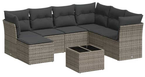 XHNIFBN Juego de sofás de jardín de 8 piezas, color gris, polirratán, modular, con mesa de vidrio templado y tapicería, conjunto de asientos de jardín para exteriores