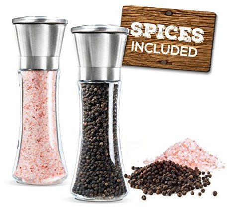 Prefilled Stainless Steel Salt and Pepper Grinder Two Piece Set - Includes Himalayan Salt and Quality Black Pepper - Glass and Stainless Steel Mill - Large Capacity Shakers - Top Loading By Mason Mil