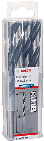 Bosch Accessories 2608577281 HSS PointTeQ (11,3 x 94 x 142 mm) - Set da 5 Pezzi di Trapani per Metallo, Acciaio, Fusione o Plastica, Grigio (Argento), Ø 11.3 mm