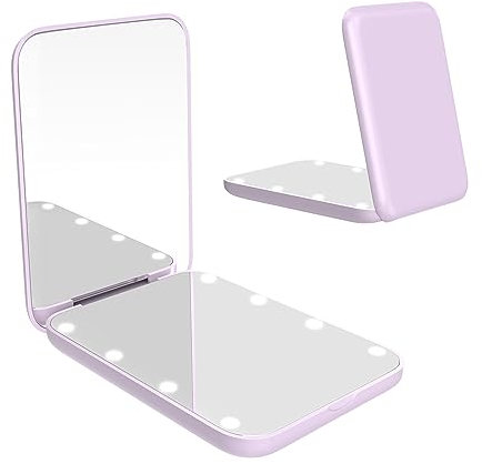 WOBSION Small Mirror with Lights,LED Compact Makeup Mirror,1x/3x Mini Travel Mirror with Magnification,Portable for Purse,Pocket,Gifts for Girls,Purple