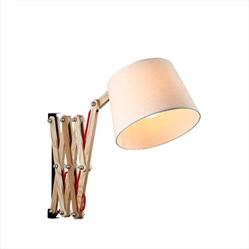 OOWOKS Holz Scherenarm Wandleuchte mit Schalter und Stecker Wandlampe Verstellbare Schwingen arm, Stoff Schirm Nachttischlampe Wand-Leselampe, E27 Innen Wandbeleuchtung, für Wohnzimmer Schlafzimmer