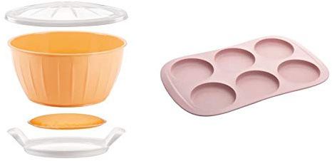 Tescoma 630381 DELICIA Ciotola per Lievitazione con Gel Riscaldante, Ø 26 cm, Plastica, Giallo & 629518 Stampo Panini per Hamburger, Silicone, Nocciola, 21.5 x 34.5 x 1 cm