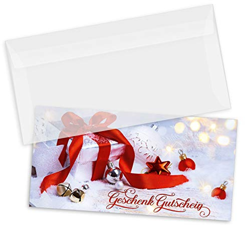 GESCHENKGUTSCHEINcom by POS-HAUER. Gutschein-Set. 10x Gutschein + Kuvert. Für Weihnachten Weihnachtsmotiv. Aufdruck weihnachtlich, blanko zum selber Ausfüllen.