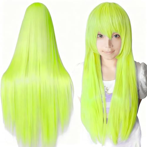 IMISSU 80 cm langes glattes Naturhaar Cosplay Perücken mit Pony Bunt Halloween Kostüm Party Perücke Haarverlängerungen (Fluoreszierend Grün)