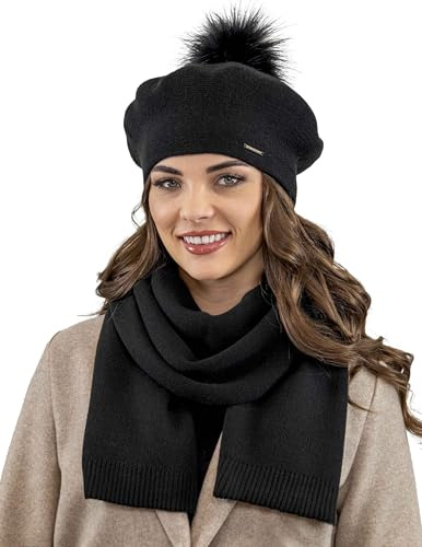 VIVISENCE Elegantes Damen Winter Set Aus Baskenmütze Mit Bommel Und Schal Aus Warmem Garn Mit Wollzusatz Perfekte Für Elegante Und Sportliche Outfits Ideal Für Kalte Wintertage, Schwarz,Einheitsgröße