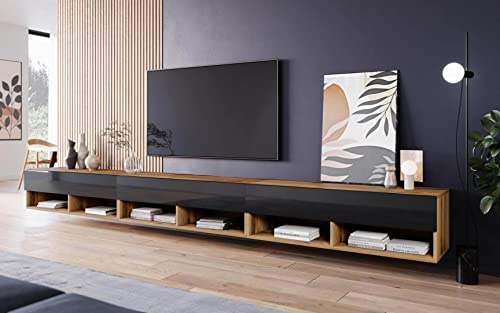 MINIO go for it - TV-Schrank Anne, Lowboard mit Türen und Regalen | Offene Nischen Laminierte Spannplatte Praktisch und Funktionell Wotan Eiche und Schwarz Hochglanz