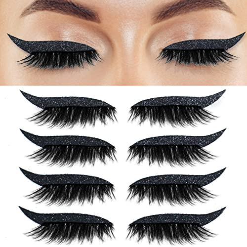 NICENEEDED 4 Paar Schwarze Eyeliner-Aufkleber Mit Wimpern, Wasserdichte Glitzer-Wimpernaufkleber, Selbstklebende Wimpern Make-Up Aufkleber Make-Up-Tool Für Frauen Mädchen Cosplay