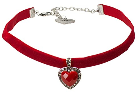 Alpenflüstern DHK313 - Nastro in velluto per costume tradizionale bavarese, con pietre a forma di cuore e catena, elastico, per costume tradizionale bavarese, sottile (in colori tradizionali), Zinco,