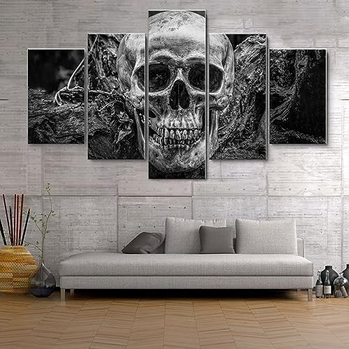 5 teiliges wandbild Abstrakter Totenkopf schwarz weiß 5 stück leinwand wandkunst,5 teilig leinwand wanddeko wohnzimmer,leinwanddruck 5 teilig bilder wohnzimmer modern groß,mit rahmen,xxl 150x80cm