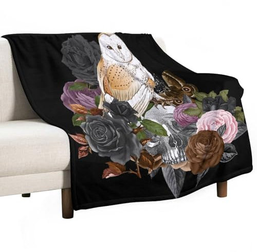 Halloween Eule Skelett Blume Floral Fleece Bettdecken 177,8 x 203,2 cm atmungsaktiv bequem Schädel Blumensträuße Eukalyptus Blätter Bettwäsche Fleece Decke für Weihnachten Geburtstag Mütter Väter