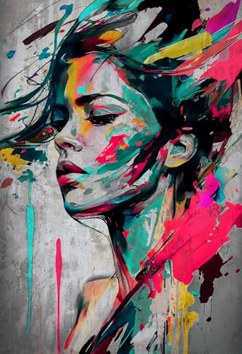 STYLER Leinwandbild Paint Face 70 x 100 cm (AUFHÄNGFERTIG) I Canvas with Color Bomb I Frau Malerei farbig grau bunt abstrakt Kunst I Leinwand Bild Wandbild Wohnzimmer Schlafzimmer Flur