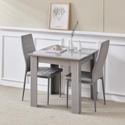 NICEME 75x75cm Square Dining Table and Chairs Set, Modern Grey Faux Leather and Glass/Plastic Dining Set