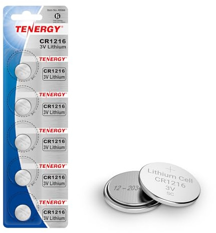 Tenergy CR1216 3V Lithium Button Cell Battery, for Watches, Mini LED Lights, Forehead Thermometers, 5 Count