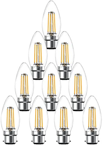 paul russells LED Filament Candle – Dimmable Bayonet Cap B22 Light Bulbs, 4.5Watt 470Lumens C35 LED Bulbs, 40w Equivalent, 2700K Warm White Dimmer BC Energy Saving Chandelier Lamps, 10 Pack
