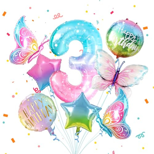 3 Schmetterling Geburtstag Deko Mädchen,8pcs Bunt Schmetterlinge Folienballon 3，Zahlen Luftballon 3 Jahre Geburtstagsdeko für 3. Geburtstag Mädchen Deko