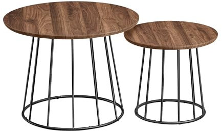 VASAGLE Couchtisch rund, 2er Set, modern, runder Beistelltisch, mit Stahlgestell, für Wohnzimmer, Schlafzimmer, naturwalnussfarben LCT045K43