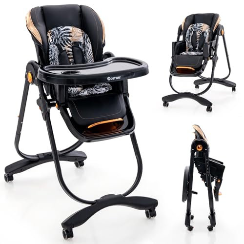COSTWAY Baby Hochstuhl klappbar, Babystuhl mit Liegefunktion, Rädern & Doppeltablett, Aufbewahrungstasche, Kinderhochstuhl mit verstellbarer Höhe, Rückenlehne & Fußstütze für 6–36 Monate (Schwarz)