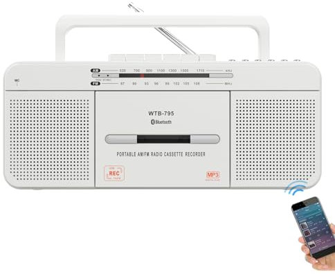 Lettori Audio Cassette Portatili con USB/Bluetooth/Radio Stereo AM/FM, Registratore con Microfono integrato, Convertitore da Cassetta a MP3, jack per auricolari (Lettore cassette bianco)