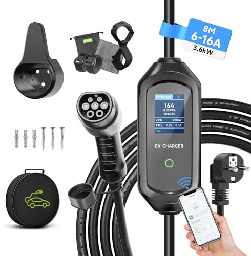 AFYEEV Cavo Ricarica Auto Elettrica Tipo 2 Schuko, 6/8/10/13/16A 3.6kW, Ricarica Auto Elettrica Portatile, Cavo Ricarica Auto Elettrica Tipo 2 con Borsa, IEC 62196-2, 8M