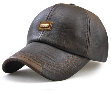 Leder Baseball Cap, Leather Baseballkappe mit 7.5cm Krempe,Verstellbar Snapback Hat, Sonnenmütze Fit 56-60cm Kopfumfang Schildmütze für Bergsteigen Camping Outdoor