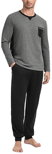 Marvmys Schlafanzug Herren Lang Baumwolle Winter Pyjama Set mit Tasche | Schlafanzüge Männer Langarm Shirt mit Brusttasche Pyjamahose und Bündchen, Zweiteilige Atmungsaktiv Bequem