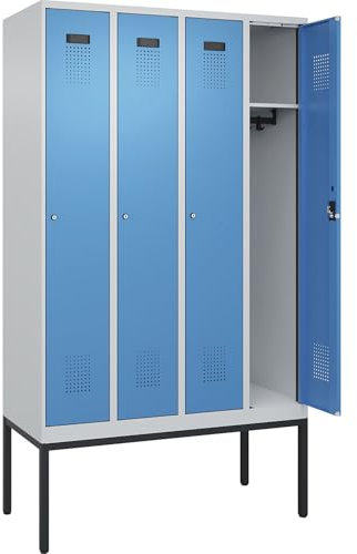 C + P Möbelsysteme C+P | Spind Evolo Plus | 4 Abteile | lichtgrau/lichtblau | B 1200 mm | mit schmalen Füßen | Zylinderschloss