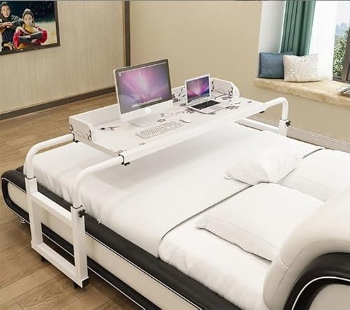 Table de lit réglable en hauteur avec roulettes, bureau médical roulant pour lit jumeau, grand lit, king size, poste de travail debout pour ordinateur ou plateau de nourriture