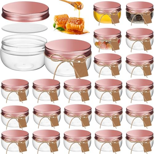 Suclain Lot de 30 mini bocaux en plastique à large ouverture avec couvercles, petits pots de conserve et étiquettes pour gelée, confiture, miel, épices, cadeaux de mariage. Inclus : 1 rouleau de corde