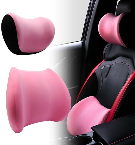 ODIWEN Ergonomische Kopfstütze und Lendenkissen, Memory Foam lordosenstütze Auto, Ergonomisches Lendenwirbelkissen Auto, Lendenkissen Auto, für Bürostühle Autositze(Rosa)