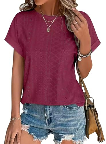 Kfnire Magliette Donna Manica Corta Maglietta con Ricamo ad Occhiello Girocollo Camicia Donna Estiva Tee Maglietta Casual T-Shirt Blusa Elegante Traspirante Tinta Unita Tunic Tops di Base