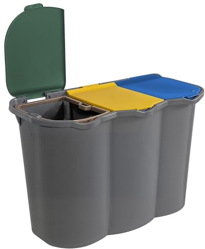 Sicignano - Poubelle unique pour collecte différenciée 80 L 3 compartiments couvercles colorés papier plastique verre poubelle de collecte de déchets gris, 74 x 35 x 55 h